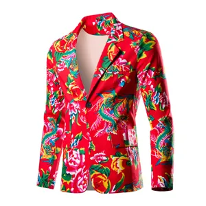 Men vintage floral print blazer red stylish casual fashion jacket outerwear for men spring autumn