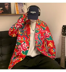 Men's Chinese style floral print blazer jacket, retro casual loose outerwear detail.