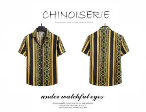 Men's short sleeve shirt, black and gold baroque print, casual summer beach button down top.