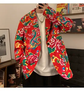 Men's stylish Chinese style floral print suit jacket, casual loose fit blazer coat for spring autumn.