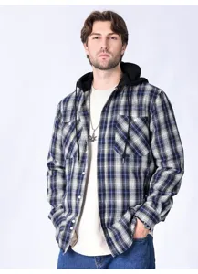 Uomo camicia giacca flanella cappuccio quadri maniche lunghe blu nero modello top