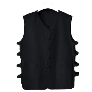 Gilet casual da uomo in cotone e lino stile cinese retro con bottoni a rana nero