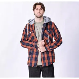Giacca Camicia Quadri Cappuccio Maniche Lunghe Flanella Casual Uomo Moda Stile
