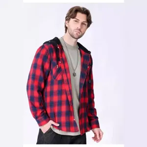 Uomo casual rosso nero quadri con cappuccio flanella camicia giacca maniche lunghe top
