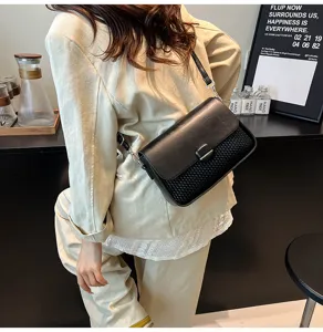 Stylish black underarm shoulder bag for women, chic woven texture flap daily commute purse.