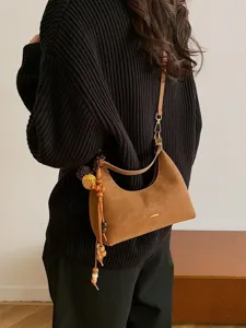 Women brown suede underarm shoulder bag, stylish casual commute crossbody handbag main view.