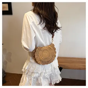Bolso cruzado redondo de paja tejida a mano para mujer, bolso de playa de verano casual.