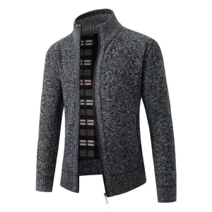 Men's thermal fleece lined cardigan sweater, stand collar knit jacket for autumn winter.