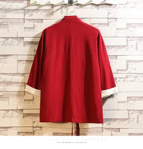 Men Chinese Style Solid Color Contrast Cardigan Robe Vintage Casual Summer Top Wear