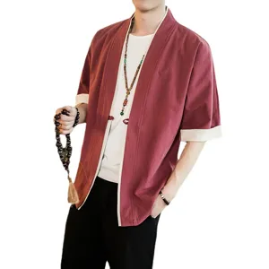 Men's Chinese style cotton linen half sleeve frog button cardigan loose casual hanfu top