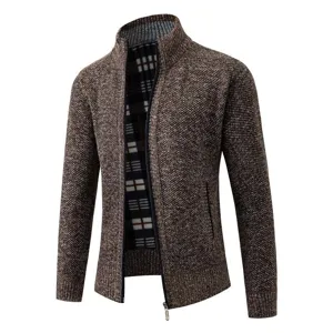 Close-up view of the mens brown knitted cardigan featuring a stand collar and full zip.