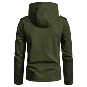 Herren Armeegruene Kapuzen Baumwolljacke laessige taktische Oberbekleidung mit Schulterklappen.