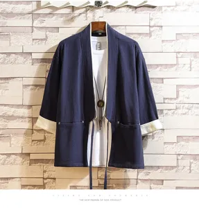 Men Chinese style contrast cardigan T-shirt retro casual top summer new fashion wear