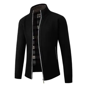 Men's black fleece lined knit cardigan detail, stand-up collar zipper sweater view.