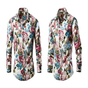 Men's casual long-sleeve floral print shirt, vintage button-down cotton top for spring.