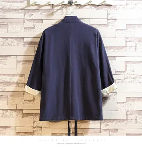 Men's Chinese Style Solid Color Contrast Cardigan Taoist Robe T-Shirt Retro Casual Top