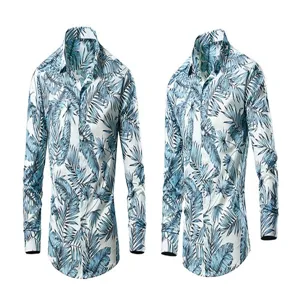 Men long sleeve tropical leaf print casual shirt detail view, blue and white color.