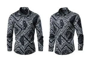 Men long sleeve casual shirt with vintage black white paisley print, classic turn down collar.