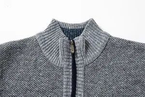 Close up detailed view of mens gray knitted sweater cardigan collar with metal zipper