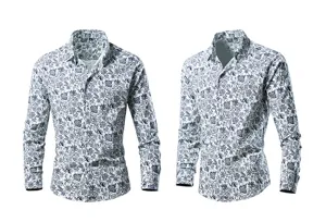 Men's stylish casual long sleeve button down shirt blue white floral paisley print