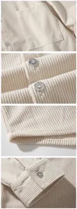 Close-up detail view of the men's casual corduroy shirt showing buttons, pocket and texture.