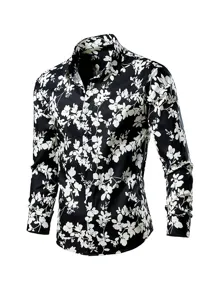 Men's black long sleeve button down shirt featuring a stylish white floral botanical print design.