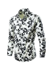 Men long sleeve casual shirt with black and white floral print regular fit button down top