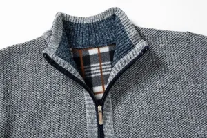 Detailed shot of men's thermal fleece-lined knitted cardigan collar with smooth zipper closure.