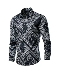 Close-up of men's black long sleeve paisley print casual shirt featuring classic lapel collar.