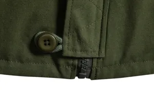 Herren Winterjacke Stoff Detail grüne Baumwolle Knopf Reißverschluss Ansicht