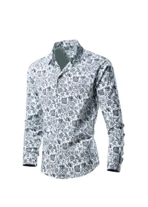 Detailed view of men long sleeve shirt with blue floral print, casual button down style.