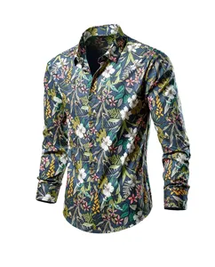 Close-up of men's floral long sleeve casual shirt with vibrant tropical print and classic collar.