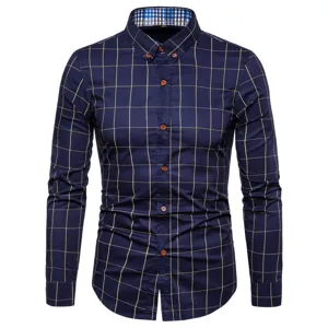 Camicia Casual a Manica Lunga a Quadri da Uomo Misto Cotone Vestibilità Regular Bottoni Collo alla Tedesca