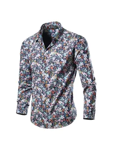 Men long sleeve floral print shirt detailed view, casual button down floral top for men.
