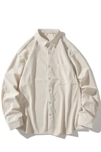 Men's casual long sleeve corduroy shirt vintage solid color loose fit button down top