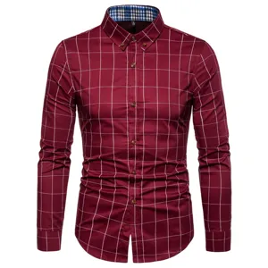 Camicia casual da uomo a quadri rossi manica lunga con colletto a quadri interno.