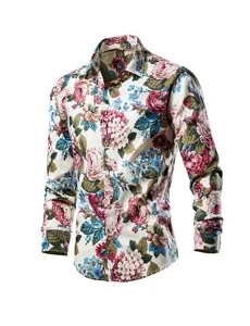 Mens long sleeve floral button down shirt casual vintage rose print top for stylish men