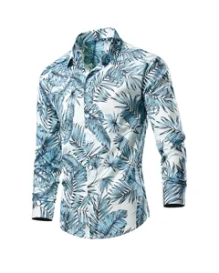 Detailed view of men's long-sleeve casual shirt featuring stylish blue tropical leaf print pattern.
