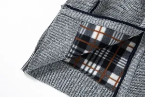 Men's thermal fleece lined knitted cardigan sweater inner plaid detail close-up display
