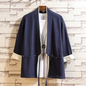 Chinese Style Men's Cardigan Taoist Robe Contrast Color T-Shirt Retro Casual Loose Summer Top Cotton Kimono Shirt
