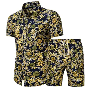 Men's Summer Baroque Print Short Sleeve Shirt and Shorts Set Vintage Gold Luxury Outfit