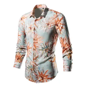 Chemise homme à manches longues et motif floral rétro, chemise élégante de printemps.