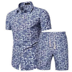 Detailed view of blue and white floral print men short sleeve shirt and shorts set.