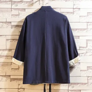 Men's retro solid color contrast kimono cardigan summer casual tops loose outerwear robe