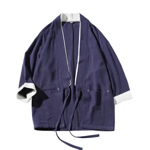 Men Chinese Style Contrast Kimono Cardigan Vintage Casual Open Front Top Summer Outerwear