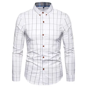 Camicia a quadri casual a manica lunga da uomo con colletto e bottoni a contrasto.