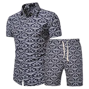 Men short sleeve patterned shirt and shorts set elegant blue and white print close up