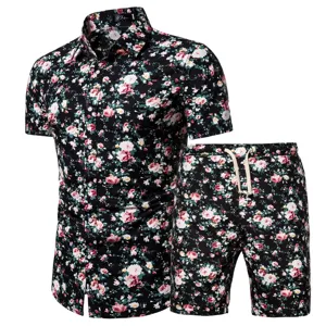 Men summer short sleeve floral shirt and shorts set casual beach outfit matching two pieces