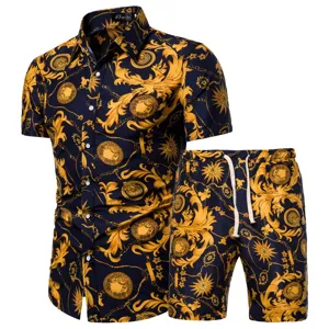 Men's summer baroque print short sleeve shirt and shorts set luxury gold pattern outfit.