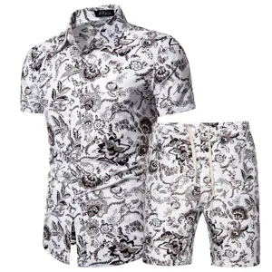 Men short sleeve shirt and shorts set vintage floral print summer casual two piece outfit.